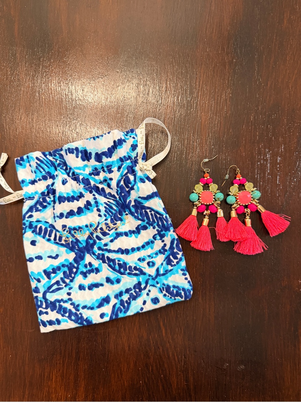 Lilly Pulitzer Hot Pink & Turquoise Tassel Drop Earrings